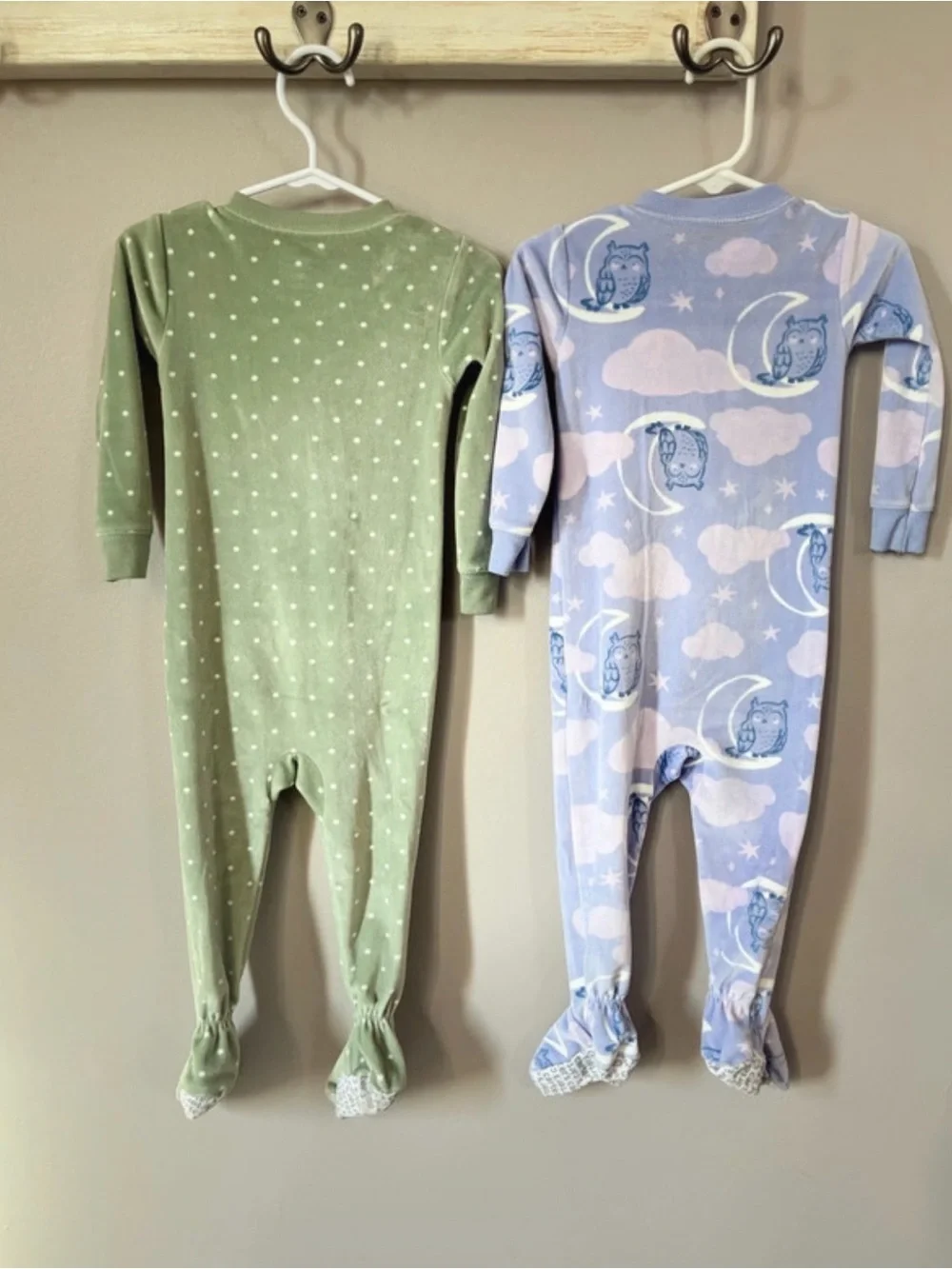 Carter's Green Polka Dot Footed One-Piece with Pink Heart & Blue Cloud Sleepers